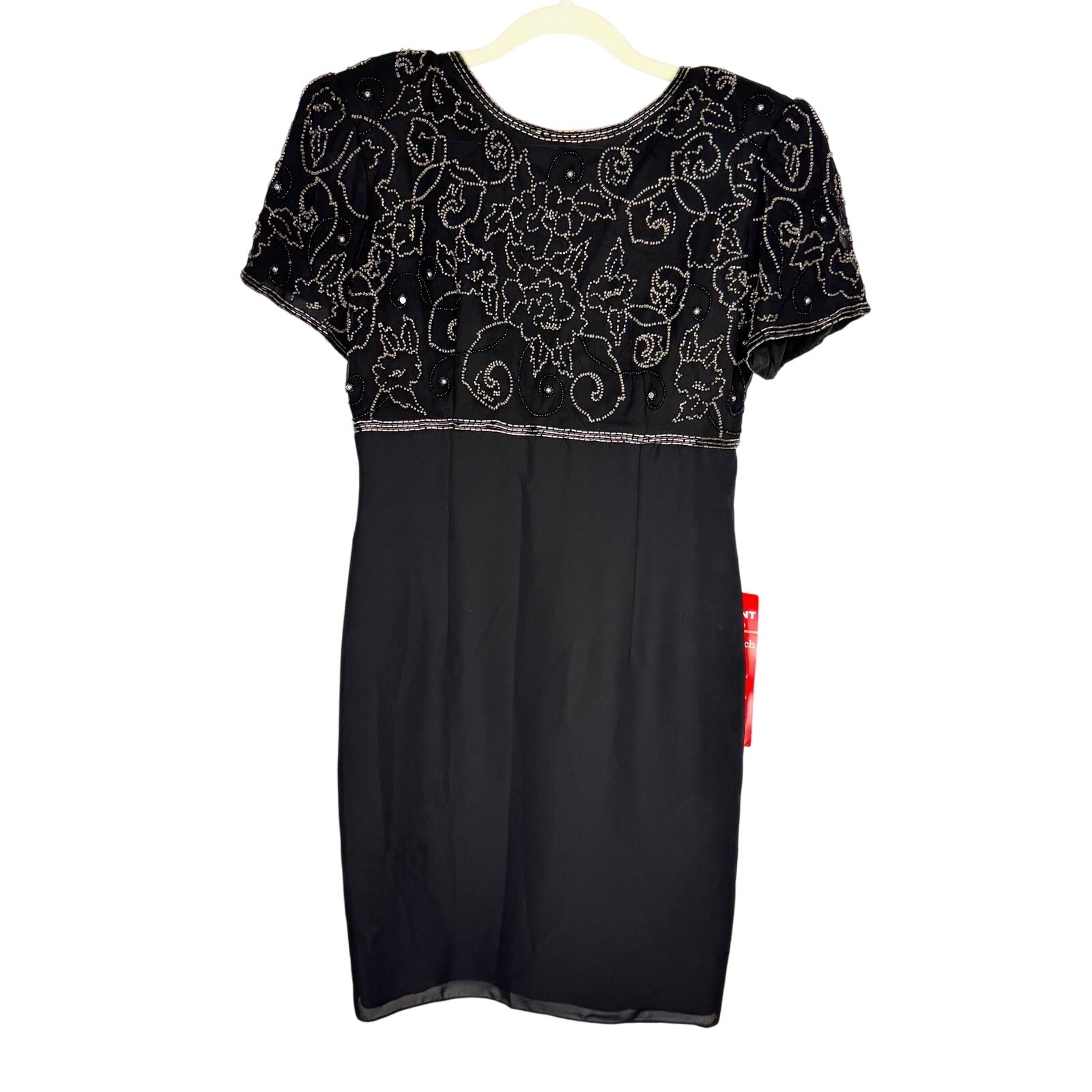 New Vintage Stenay Black Beaded Floral Empire Waist Bow Low Back Chiffon Dress 8